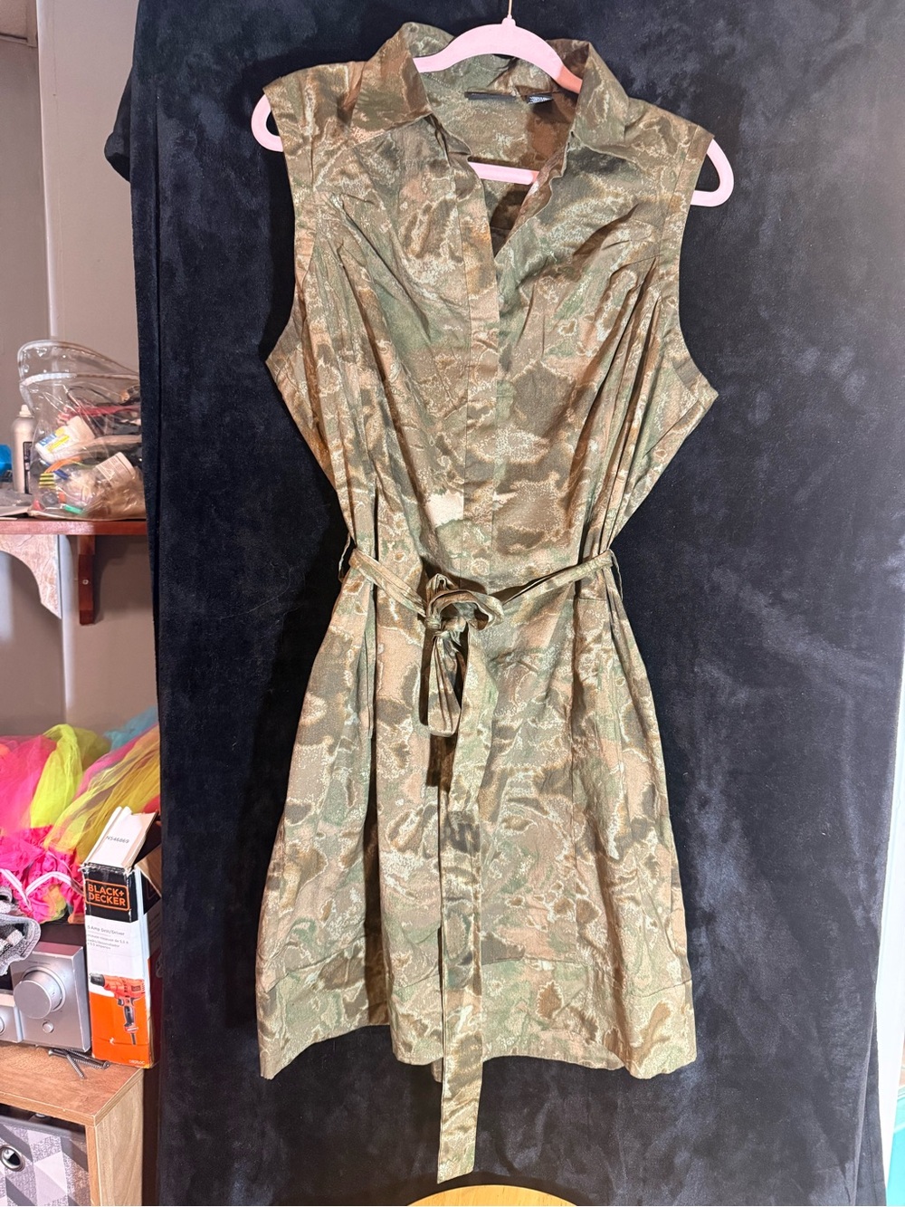 New York & Company Olive Green Sleeveless Shirt Dress with Tie
